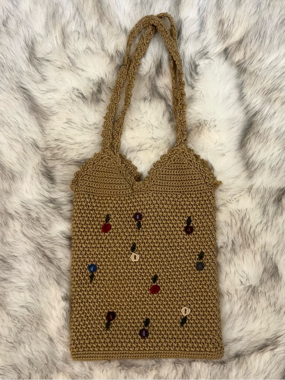 Vintage Tan Flower Embroidered Crochet Tote Shoulder Bag Cottagecore Whimsy